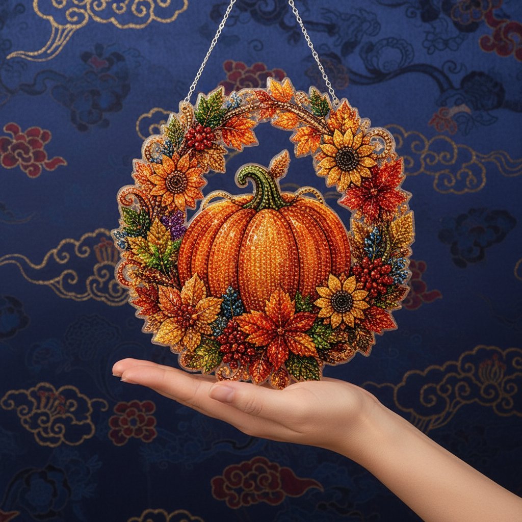 Finished pumpkin diamond painting wreath in hand