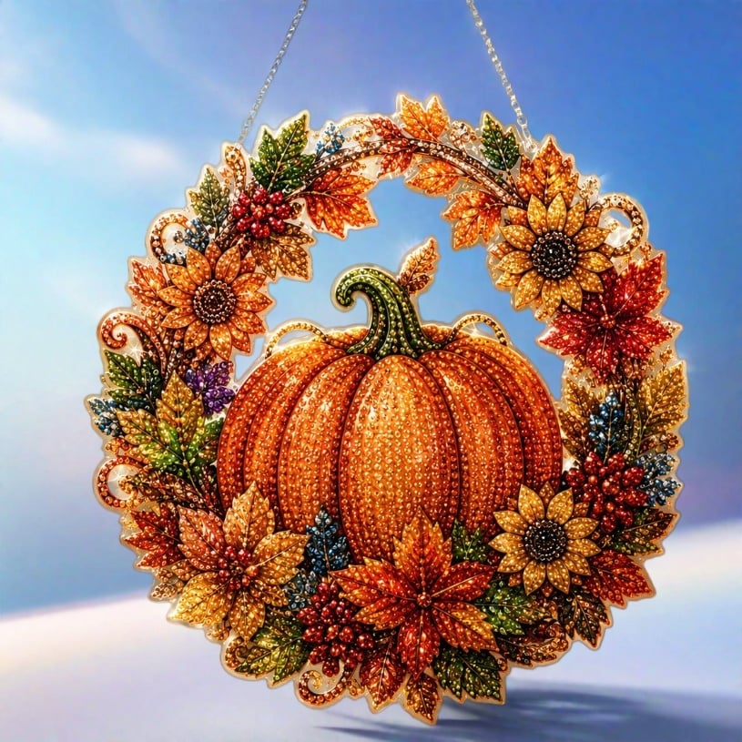 Autumn pumpkin diamond painting wreath close view